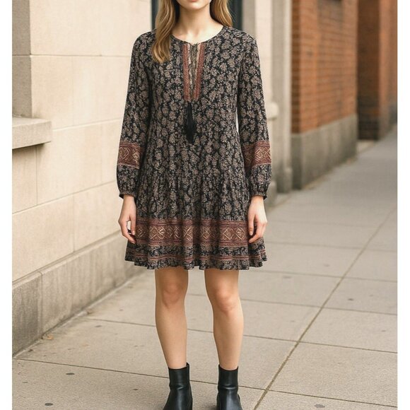 ASTR The Label Balloon Sleeve Printed Tiered Midi Chiffon Dress Brown Sz L #1523 - Picture 6 of 16